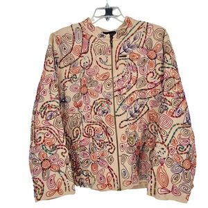 Life Style Beige Embroidered Floral Full Zip Bomber Jacket 3X Art to Wear Boho